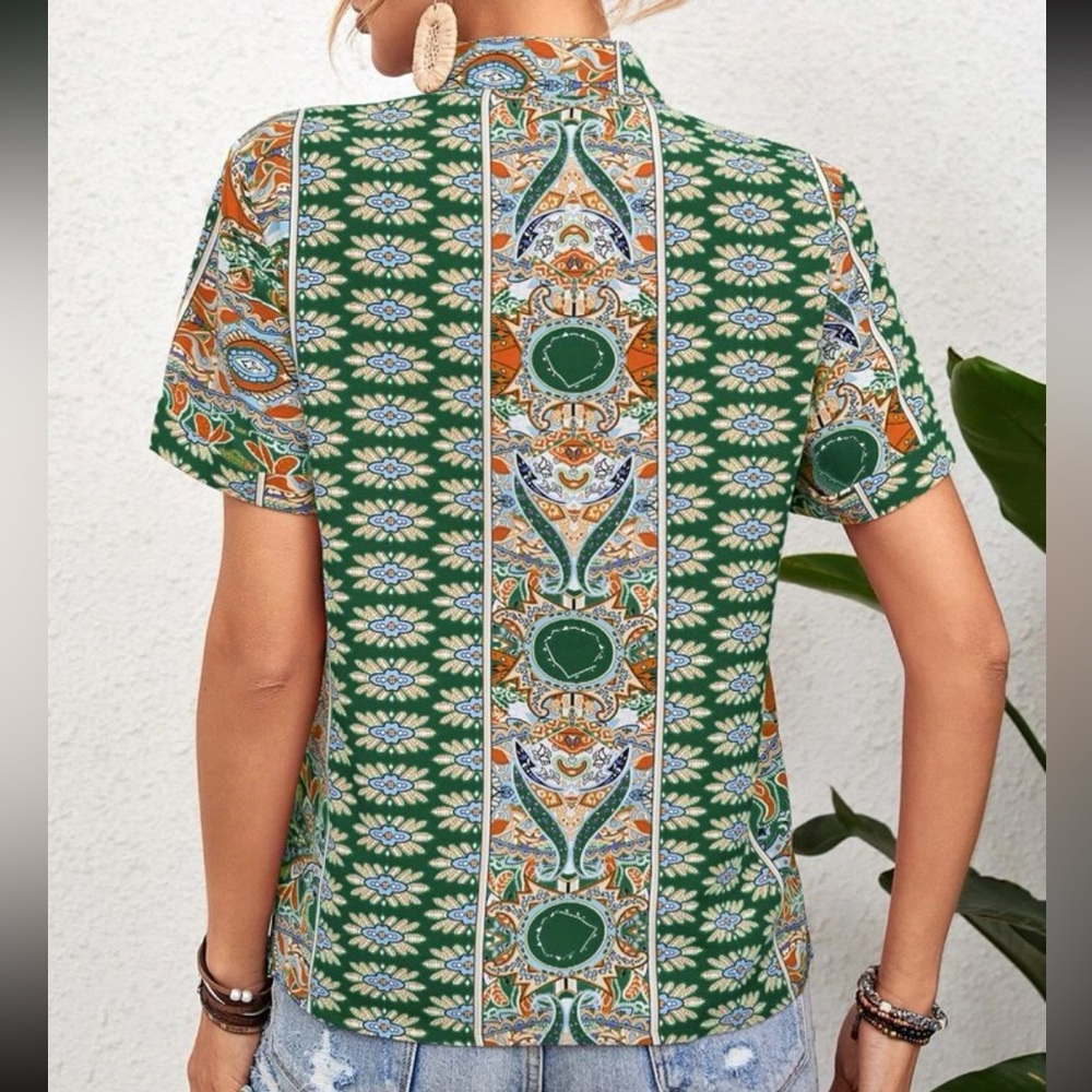 Boho Floral Paisley Print Top Blouse Shirt Green - Picture 2 of 16
